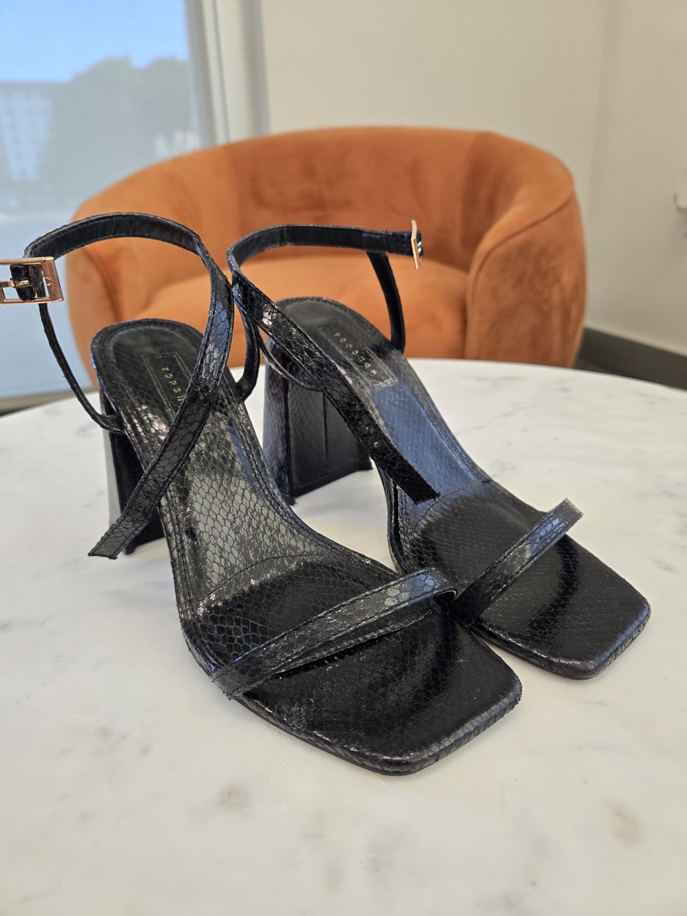 Topshop Black Textured Square-Toe Ankle-Strap Block Heels